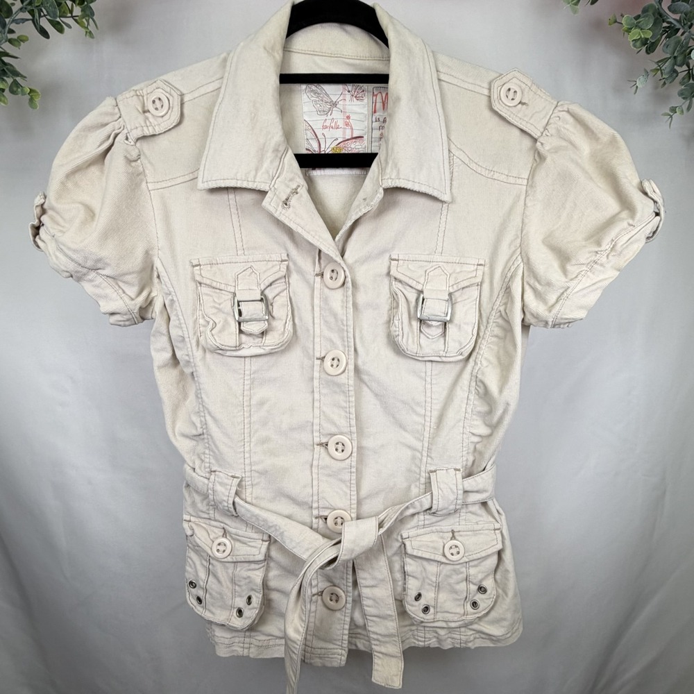 Plugg Farfalle Cream Belted Blazer Jacket Cargo Corduroy Y2K Size Medium Women's